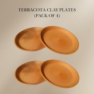 Op de afbeelding: Set van vier terracotta kleiplaten. De platen zijn rond en hebben een gladde, ongeglazuurde afwerking. Ze zijn perfect om snacks, hapjes of desserts op te serveren.