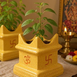 Tulsi Planter Ceramic Yellow Om Swastik Pot Sacred Basil Decor Balcony Puja Gift Home Temple Handmade