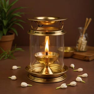 May include: A brass oil lamp with a cylindrical glass chimney and a central brass bowl holding a lit wick. The lamp features a circular brass base and a top tray, surrounded by scattered white jasmine flower buds on a dark surface.