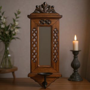 May include: A rectangular wall-mounted candle holder featuring a dark brown wooden frame with a central mirror panel. The frame includes intricate lattice cutouts on the sides and a decorative carved top. A black metal candle plate is attached below.