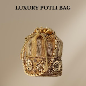 May include: A gold beaded potli bag with a drawstring closure and a beaded chain strap. The bag is decorated with intricate floral patterns and embellishments.