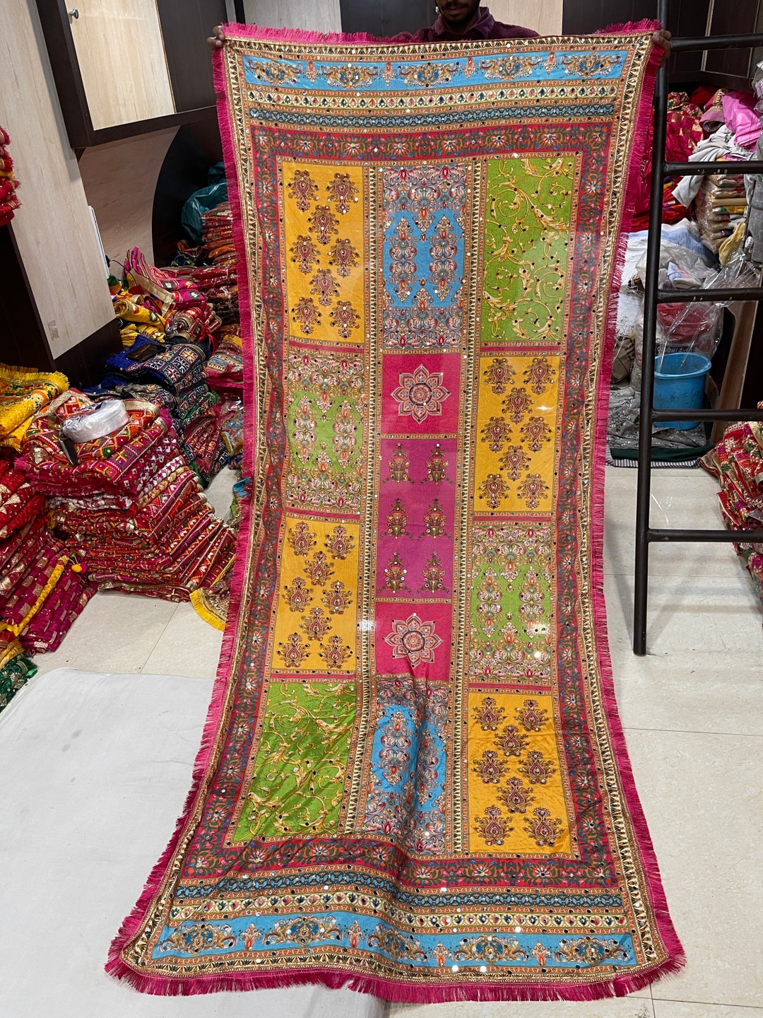 Pakistani Heavy Silk Dupatta With Mirror Work With Colorful Block