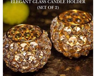 Elegant Glass and Golden Candle Holder | Vintage Crystal Candle Holder for Weddings and Table Decor