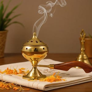 May include: A gold-colored incense burner with a wooden handle, emitting wisps of smoke. The burner sits on a white cloth, adorned with orange flower petals. A decorative brass bell and potted plant are in the background.