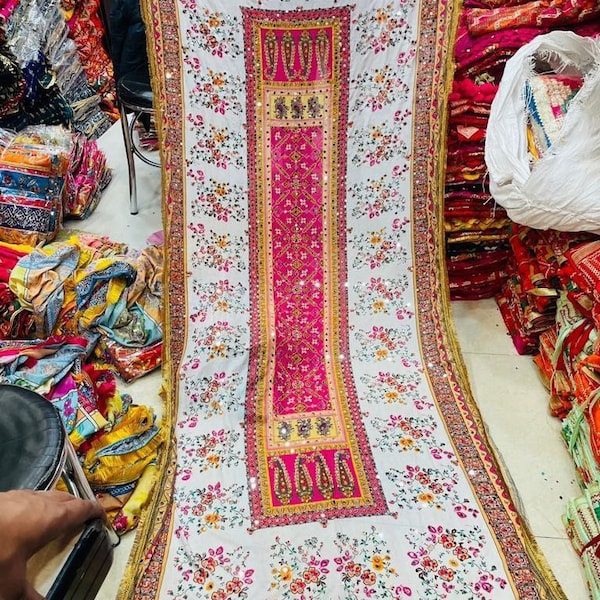 Pakistani Heavy Silk Dupatta with Mirror Work with Colorful block print