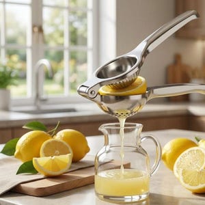 Peut inclure: Un presse-agrumes en acier inoxydable pressant un demi-citron jaune, avec du jus frais s'écoulant dans une carafe en verre transparent. Plusieurs citrons entiers et tranchés avec des feuilles vertes sont disposés sur une planche à découper.