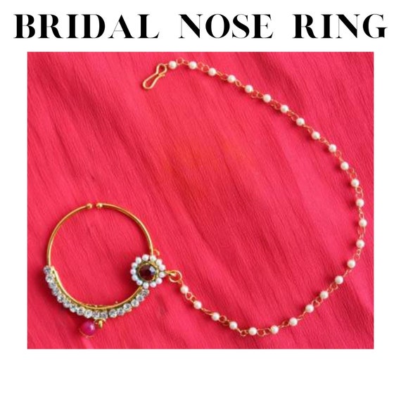 Glamorous Collection Indian Nose Ring Nath Bridal Wedding Nathini/Non Pierced  Gold Green Nose Ring Hoop Chain/Bollywood Style Jewelry Jewellery - Hunza  Bazar