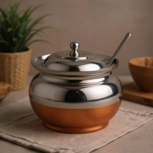 May include: A round, two-toned serving pot with a polished silver-coloured stainless steel upper section and a matte copper-coloured lower base. It features a matching lid with a small knob handle and a silver-coloured metal spoon resting inside.