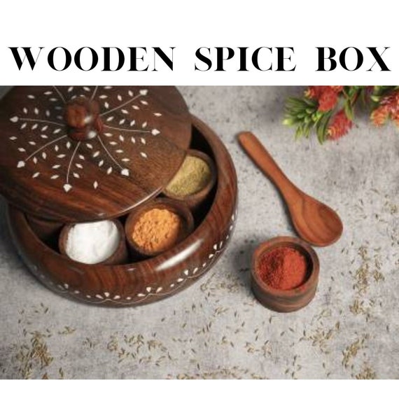 WOODEN SPICE BOX WITH SPOON , MASALA BOX, SPICE RACK ORGANIZER FOR KITCHEN