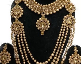 Zestaw naszyjników z pereł ślubnych | Południowoindyjski złoty naszyjnik z biżuterią świątynną | Guttapusalu Indian Jewelry
