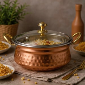May include: A round, hammered copper cooking pot with two gold-toned metal handles on the sides. It features a clear glass lid with a gold-toned metal knob handle. The pot is filled with a cooked grain dish and has a metallic, textured finish.