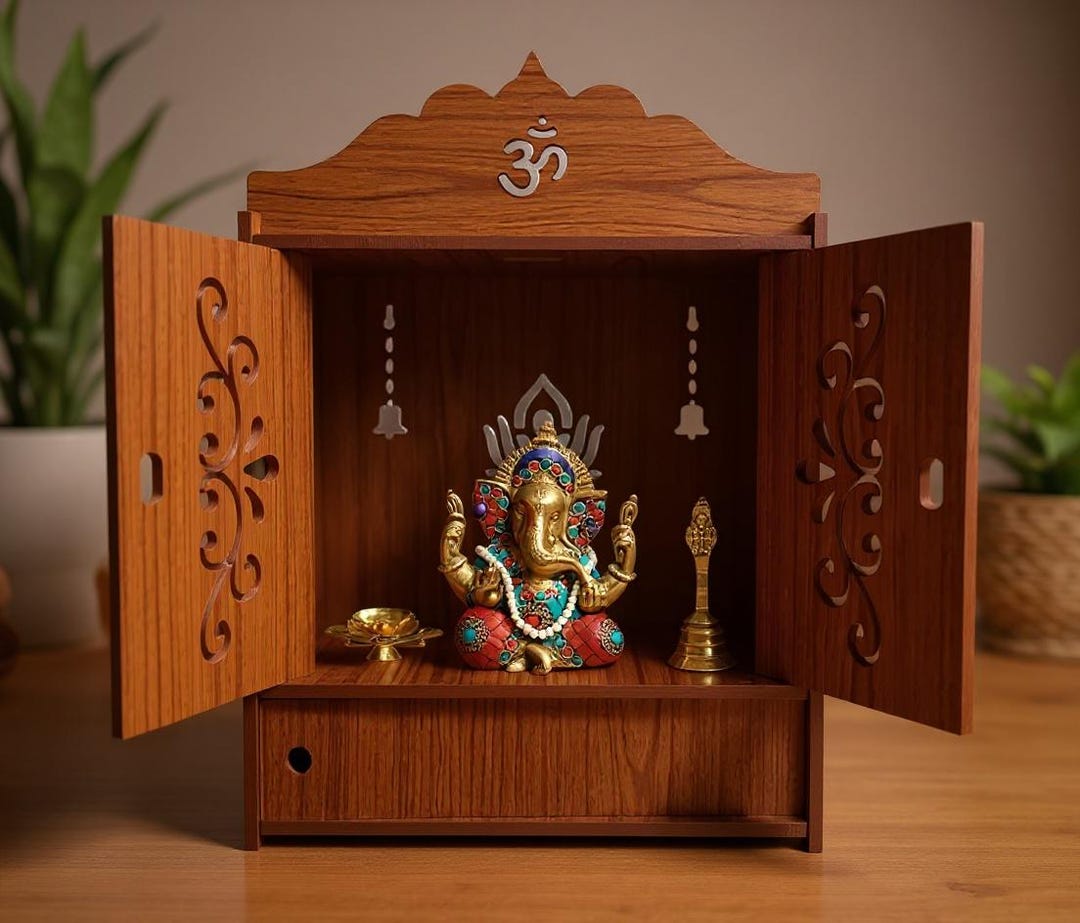 Wooden Pooja Mandir for Home, Temple Shelf Altar, Compact Puja Stand ...