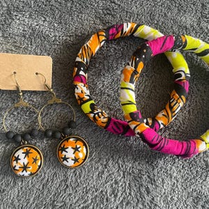 Conjunto de estrela de cera, pulseiras e brincos, tecido amarelo, rosa, laranja