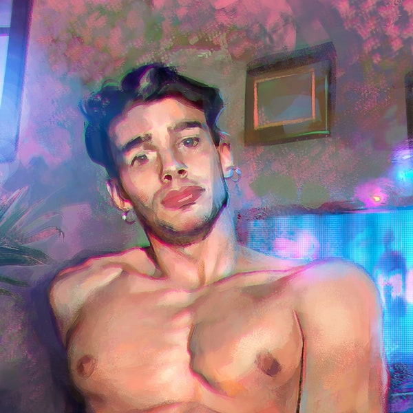 Netfl!x and Chill, nude male digital illustration. NOT PRINTED. Masculine body art, erotic mature painting.