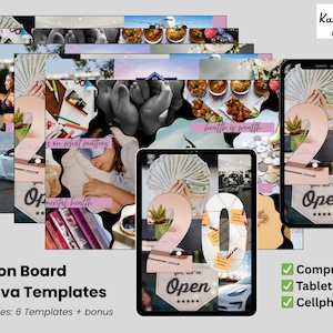 Può includere: Una presentazione di prodotti digitali con modelli di vision board Canva. L'immagine mostra una pila di modelli, un tablet e uno smartphone, ciascuno dei quali mostra un collage con il numero "20" e la parola "Open". È visibile anche il testo "Vision Board Canva Templates".