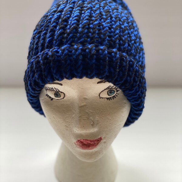 Handmade knit black and blue hat. Men’s or large in women’s.