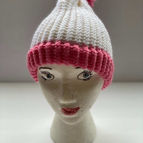 Hand knit white and pink beanie, for teens and adults , winter beanie, skull cap