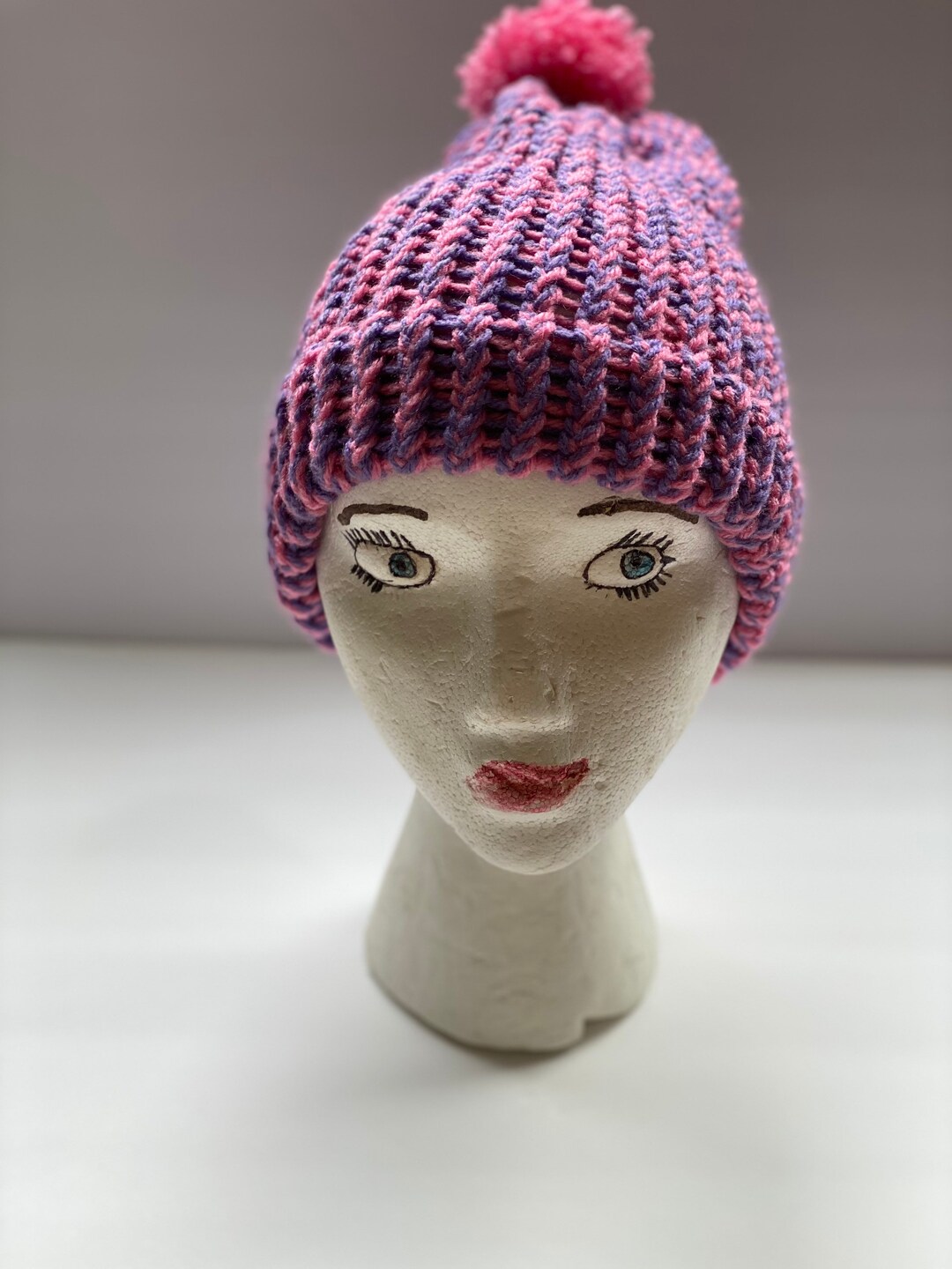 BKLYN S Wool Beanie Navy Hat Purple & Pink Pom Pom main image 0