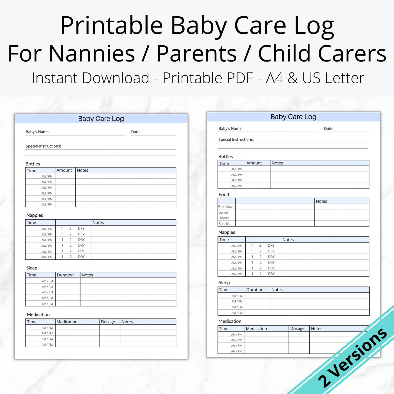 Printable Baby Care Log Insert. Daily Infant Care Log. Child Etsy