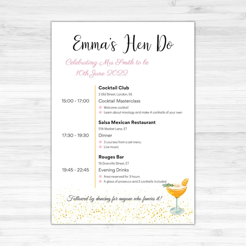 Personalised Hen Party Itinerary Bachelorette Party Itinerary Bridal personalised-hen-party-itinerary-bachelorette-party-itinerary-bridal