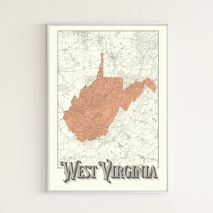 May include: Framed print featuring a map of West Virginia in a muted orange hue, set against a detailed network of roads and geographical features. The state's outline is prominently displayed, with the name "West Virginia" in a vintage font at the bottom.
