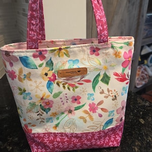 Handmade Lined Dark Pink Flower Kid's Lined Tote Bag Boxed Corners Fusible Interfacing Child Tote Bag Cotton Fabrics