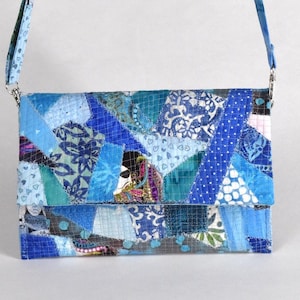 Handmade Collage Cross Body Batik Blues Purse - Envelope Bag Gift Bag Birthday Anniversary Mother's Day Detachable Strap Embroidery