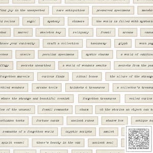 Más de 90 palabras y frases imprimibles con temática de curiosidades y rarezas: efímeras rústicas vintage para diarios, álbumes de recortes y manualidades con papel.