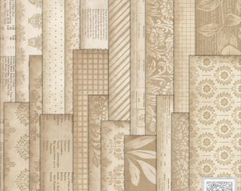 May include: A collage of vintage-style scrapbook paper sheets in various patterns and textures. The papers feature floral, striped, and grid designs in shades of beige and cream. Some sheets include printed text and the Paper Luminary logo.