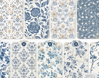 Vintage French Blue Floral Journal Tags: Printable Ephemera (Digital Download)