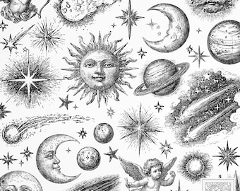 Vintage Style Celestial Engraving Overlays: Junk Journal Ephemera (PNGs + SVGs) (Digital Download)