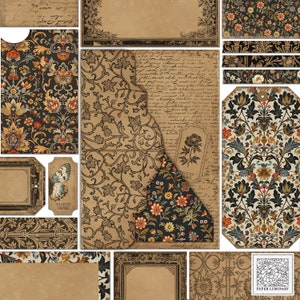 May include: A collection of digital paper designs featuring intricate floral patterns in shades of brown, black, and gold. The papers include a variety of textures and borders, perfect for scrapbooking, card making, and other craft projects.