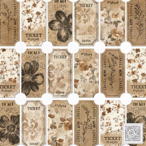 Boletos vintage imprimibles botánicos sepia - Efímeras de diario basura, descarga digital, ATC imprimible, papeles de collage, scrapbooking
