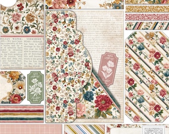 May include: A collection of floral patterned paper ephemera, including tags, pockets, and decorative strips. The designs feature a variety of flowers in shades of pink, red, blue, and cream, with some pieces incorporating text and stripes.