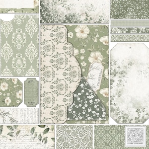 Folio digital imprimible botánico verde salvia + efímeras: folio vintage para diarios basura, descarga digital, etiquetas imprimibles y scrapbooking.