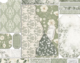 Sage Green Botanical Folio Kit: Vintage Ephemera, Junk Journal (Digital Download)