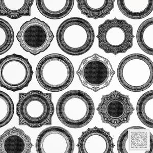 May include: A repeating pattern of black and white vintage-style frames. The frames vary in shape, including round, oval, and ornate designs. The frames have a distressed, textured appearance, and are set against a white background.