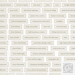 May include: A collection of small, rectangular cards with text related to astrology and spirituality. The cards are arranged in a grid pattern and feature phrases like "lunar phase" and "house of career". The bottom right corner has the text "PAPER LUMINARY".