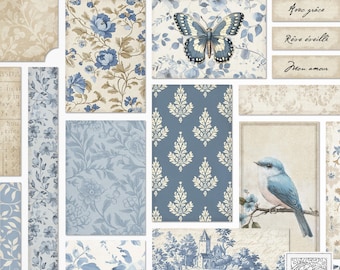 May include: A collection of digital papers featuring blue and white floral patterns, a butterfly, a bird, and a French countryside scene. The papers include the text "Avec grace", "Reve eveille", and "Mon amour".