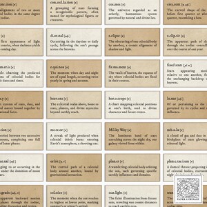 May include: A collection of vintage-style flashcards with celestial terms and definitions. Each card features a word and its explanation, with a neutral color palette and a classic font. The cards are arranged in a grid.