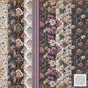 May include: A collection of patterned papers featuring floral and damask designs in various colors. The papers showcase a range of styles, including small floral prints, large peony blooms, and classic damask patterns. Colors include shades of purple, cream, and green.