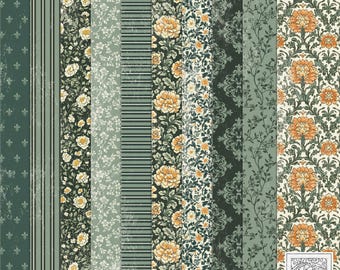 Puede incluir: Un conjunto de 10 tiras de papel digital con una variedad de patrones florales en tonos de verde, blanco y naranja. Los patrones incluyen rayas, damasco y diseños florales. Las tiras de papel son perfectas para scrapbooking, creación de tarjetas y otras manualidades de papel.