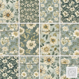 Sobres y tarjetas imprimibles con diseño floral verde vintage - Efímeras de diario basura, descarga digital, creación de tarjetas, scrapbooking