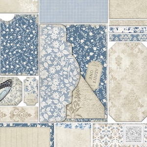 Vintage French Blue Digital Druckbare Folio + Ephemera - Vintage Folio für Junk Journals, digitaler Download, druckbare Tags, Scrapbooking