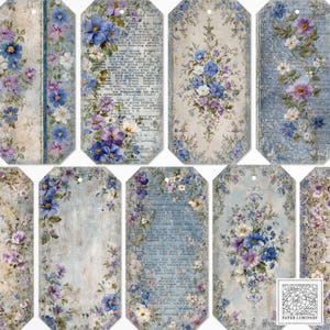 Shabby Chic | Blue Floral Aged Digital Printable Junk Journal Tags - Junk Journal Ephemera, Digital Download, Printable Tags, Scrapbooking