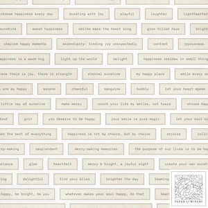 Más de 90 palabras y frases imprimibles sobre la felicidad: efímeras rústicas vintage para diarios, álbumes de recortes y manualidades con papel.