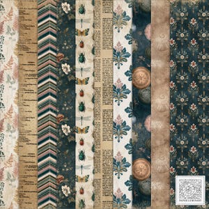 May include: A collection of patterned paper sheets with vintage botanical and insect designs. The sheets feature various patterns, including ferns, chevrons, floral, damask, and insect illustrations. Colors include shades of brown, green, blue, and pink. The Paper Luminairy logo is in the bottom right corner.