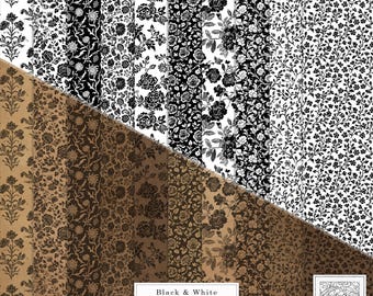 Vintage Style Flowers Paper Set (B&W) - Junk Journal Ephemera (Digital Download, PDF A4/US Letter Size)