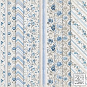 Puede incluir: Una colección de hojas de papel estampadas con diseños florales, a rayas y geométricos en tonos azules, grises y beige. Los papeles presentan varios patrones florales, incluyendo rosas y damasco, para proyectos de scrapbooking o manualidades.