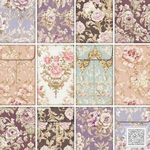 Enveloppes pour pièces de monnaie imprimables florales rococo vintage et cartes de correspondance - éphémères de journal indésirable, téléchargement numérique, fabrication de cartes, scrapbooking